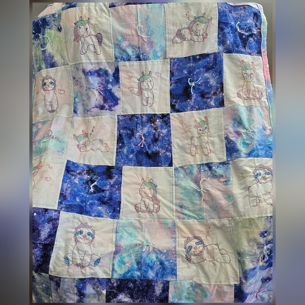 Handmade Patchwork Animal Baby Quilt Blue White Rainbow Sloth Unicorn Sleeping